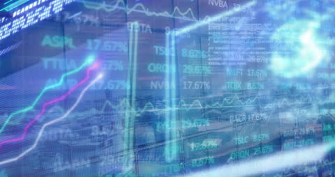 Digital Interface with Financial Graphs Over Cityscape