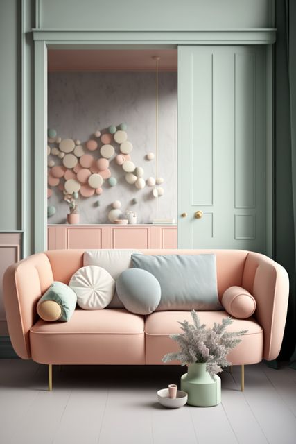 Peach retro sofa with cushions and pastel green walls, created using generative ai technology. Interior design, feminine, pastel colours vintage home decoration concept digitally generated image.