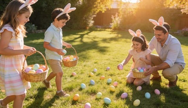 Family easter egg hunt at golden hour collecting colorful eggs in backyard
