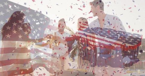 Festive Friends Celebrate Outdoors with American Colors and Confetti