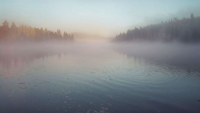 Tranquil Misty Lake at Sunrise with Forest Reflection