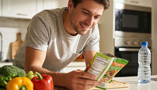 Man reading nutrition label while preparing fresh vegetables at kitchen counter smiling in gray tee