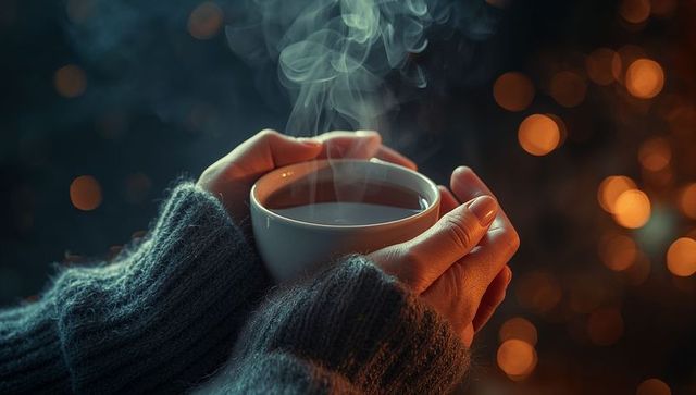 Hands Warming on Steaming Mug in Cozy Autumn Glow
