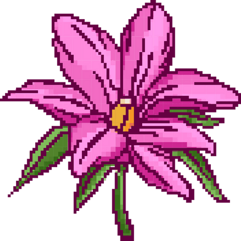 Pixel Art Pink Flower with Green Leaves on Transparent Background