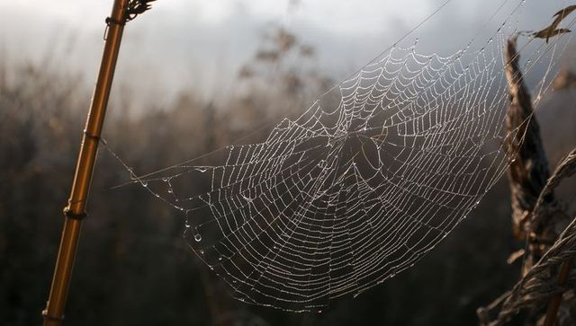 Backlit Dew-Covered Orb Web on Meadow Stalk at Dawn, Macro Silk and Gossamer