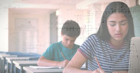 Children Engaging in Schoolwork Overlaid With Math Equations