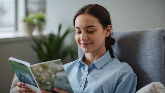 Young asian woman reading paperback in cozy sunlit lounge chair, serene minimalist moment