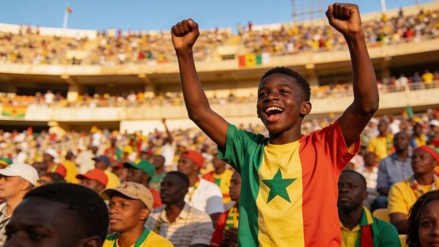 Young senegal supporter cheering and raising fists in vibrant packed stadium crowd