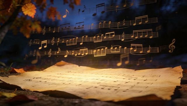 Floating autumn notes glowing above aged music manuscript at dusk