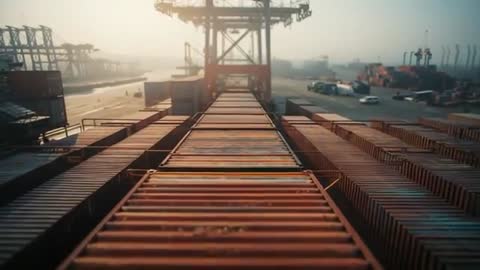 Tracking along container tops toward gantry crane at busy port terminal sunrise haze