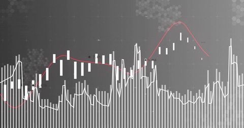 Monochrome Market Dashboard Showing Candlestick Charts, Volume Histogram and Trend Lines