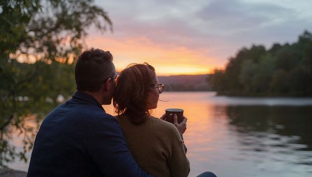 Couple watching lakeside sunset, holding mug, embracing knit sweaters, water reflections