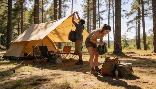 Couple pitching canvas tent, packing backpacks at sunlit forest campsite