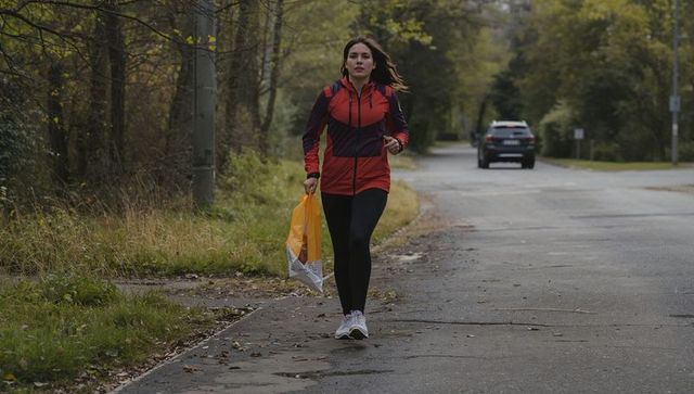 Woman walking along suburban road in red jacket carrying shopping bag on overcast autumn day