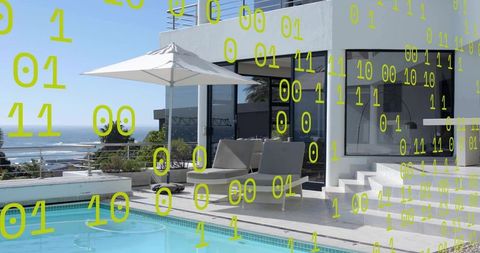 Luxury seaside terrace featuring modern pool, loungers, umbrella and panoramic ocean view