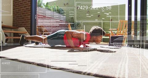 Sunlit black man holding plank by sliding doors with fitness data hud overlay