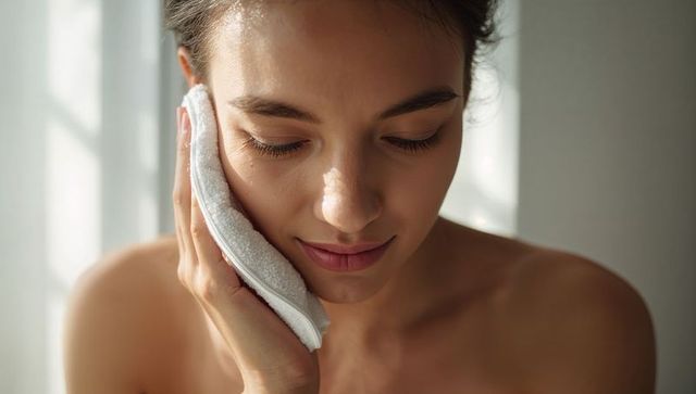 Young woman gently pressing soft white towel to cheek by sunlit window for daily skincare routine