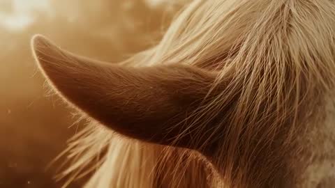 Horse Grazing at Golden Hour with Swaying Mane and Ear