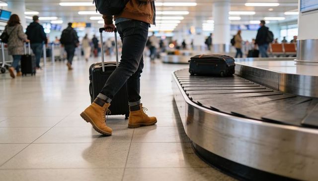 Traveler pulling carry-on at baggage claim with tan boots and backpack