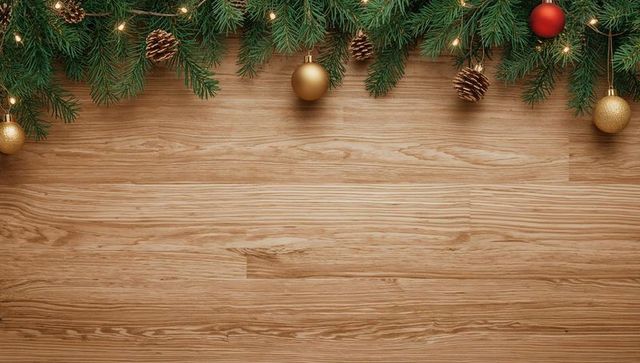 Festive fir garland with gold and red ornaments and pine cones on rustic wood