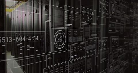 Data center dashboard overlay visualizing server metrics and network analytics