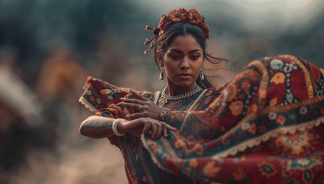 Traditional dancer revealing grace in patterned attire outdoors