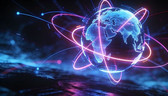 Holographic digital globe streaming neon data trails and orbiting network rings