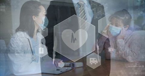 Doctor consulting patient with futuristic health icons overlay