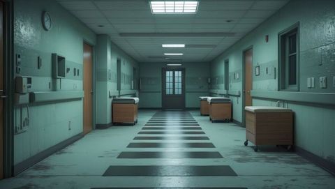 Sterile hospital corridor with medical equipment and clock