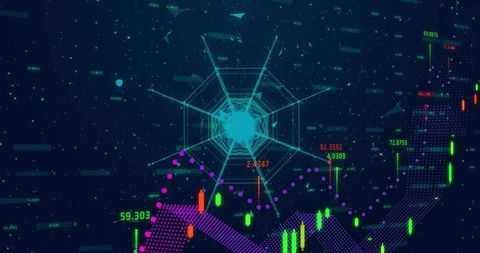 Radial data web visualizing market signals with neon candlestick chart and geometric nodes