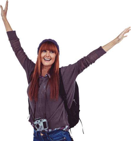 Excited Hipster Woman with Red Hair Transparent Background