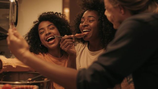 Two black women laughing and sharing spoon while cooking dinner in cozy warm home kitchen