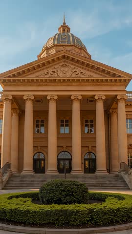 Vertical video showing neoclassical campus portico with Ionic columns and domed cupola