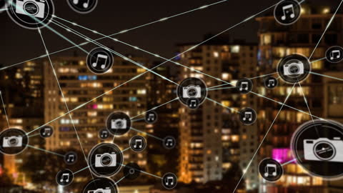 Digital Icons Network Concept Over Cityscape at Night