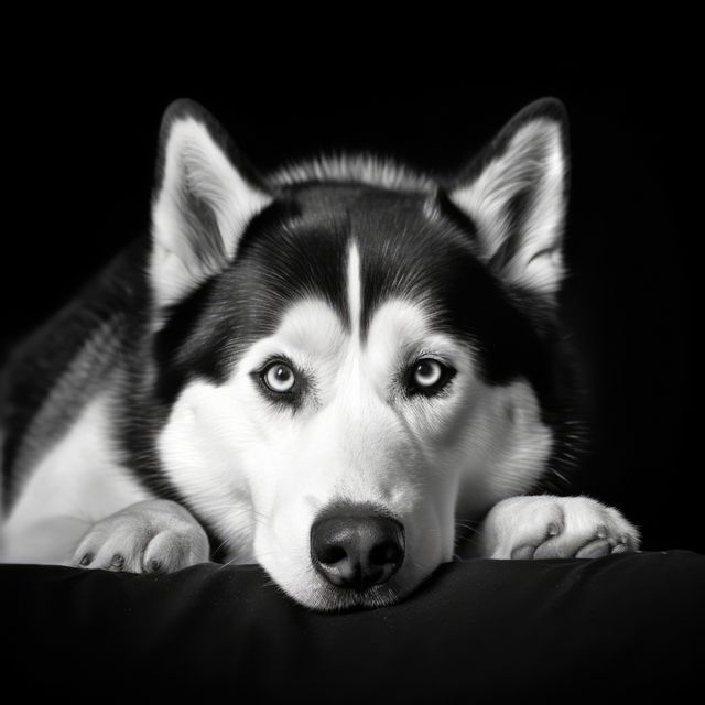 Black and white photo depicts a Siberian Husky lying down with a focused and intense gaze. Ideal for use in pet-related promotions, animal photography showcases, and breed-specific informational content. The striking monochrome effect enhances the drama and focus on the dog’s unique features.