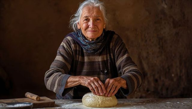 Elderly woman kneading bread dough at rustic kitchen table, warm traditional baking moment