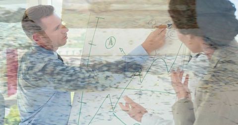 Business team presenting growth strategy on glass board with textured beach overlay