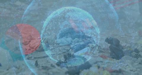 Digital globe overlays polluted beach with seagull in environmental graphic