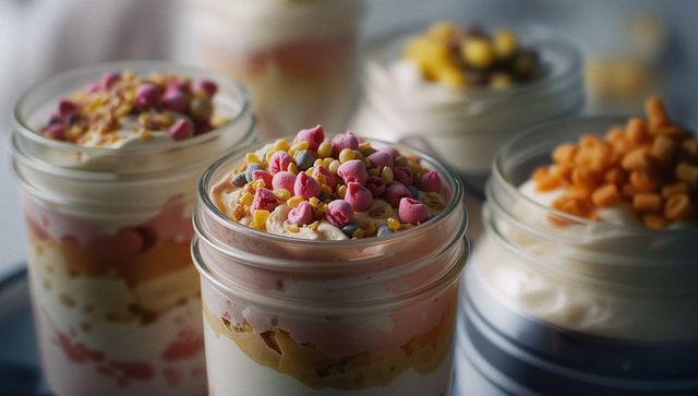 Assorted Layered Desserts in Glass Jars with Colorful Sprinkles