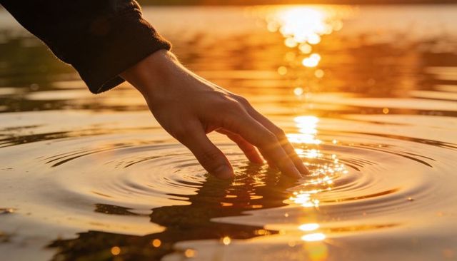 Sunset hand touching water creating golden ripples calm reflection serenity for mindfulness