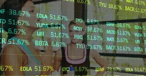 Two female gym partners chatting and holding water bottles with stock market data overlay