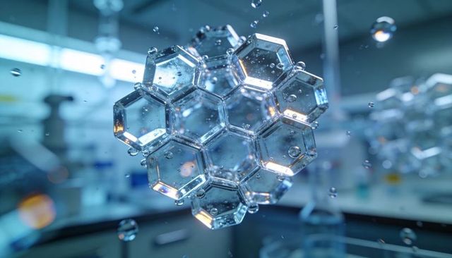 Floating glass hexagonal honeycomb cluster reflecting with water droplets in laboratory