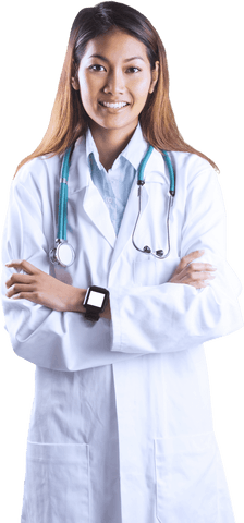 Transparent asian doctor wearing stethoscope and smart watch