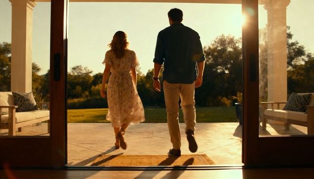 Couple walking through open glass doors into sunlit patio at golden hour