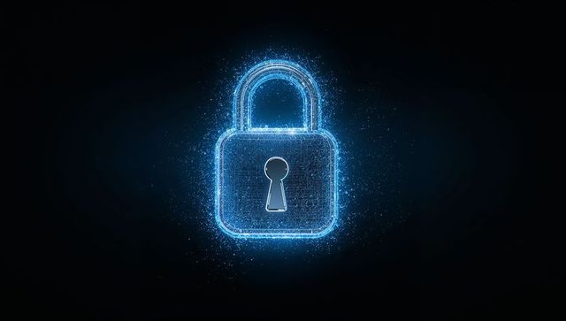 Holographic Neon Padlock Emitting Cyan Wireframe Particles Representing Cybersecurity