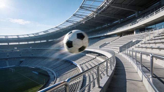 Soccer ball flying across empty modern stadium with motion blur and stainless handrails