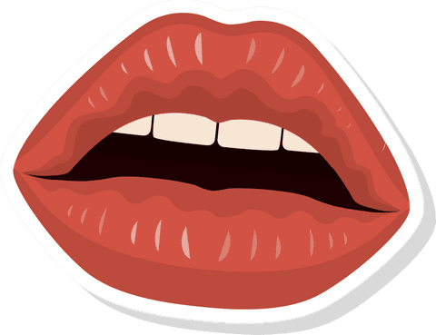 Cartoon mouth sticker with flat red lips on transparent background