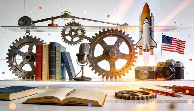 Steampunk shelf featuring large gears, books, vintage microphone, camera and rocket launch