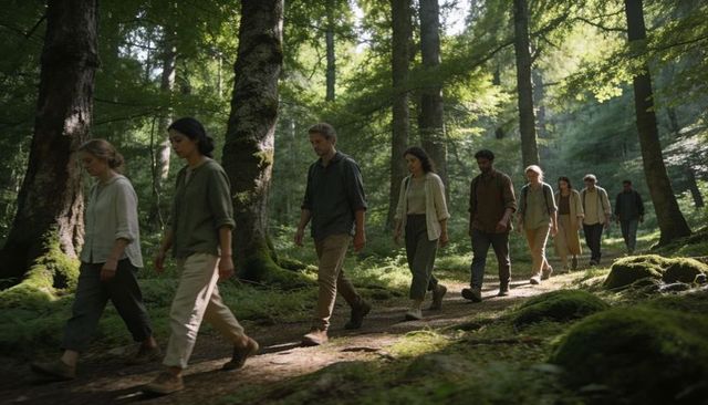 Sunlit mossy forest hike, group walking single-file in neutral outdoor clothing