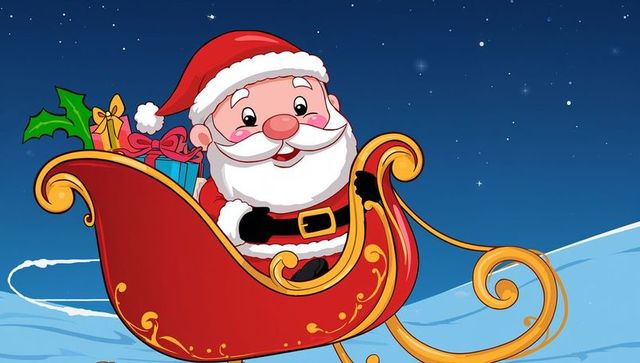 Santa Claus Sitting in Ornate Red Sleigh Guiding Gifts with Holly over Snowy Night Hill